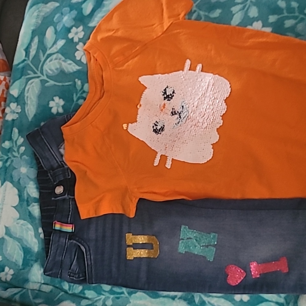 Bundle Of Orange Cat Graphic Kids Shirt and Blue Jeans With Unicorn Graphic